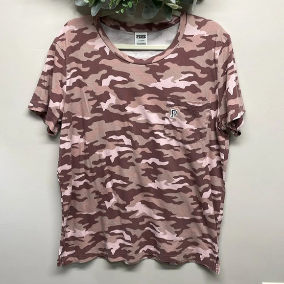 PINK Victoria’s Secret Pink Camouflage Short Sleeve Pocket Campus Tee L - Picture 1 of 12